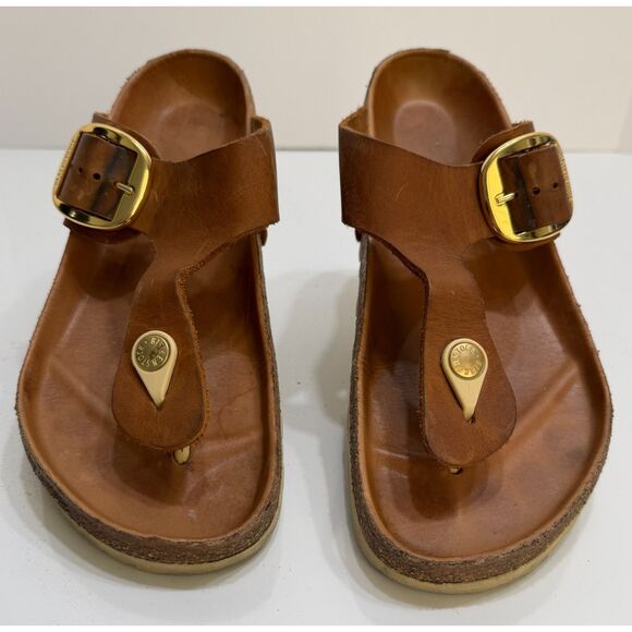 Birkenstock Cognac Oiled Leather Gizeh Gold Big Buckle Sandals Size Size M 6 W 8 - Picture 2 of 6